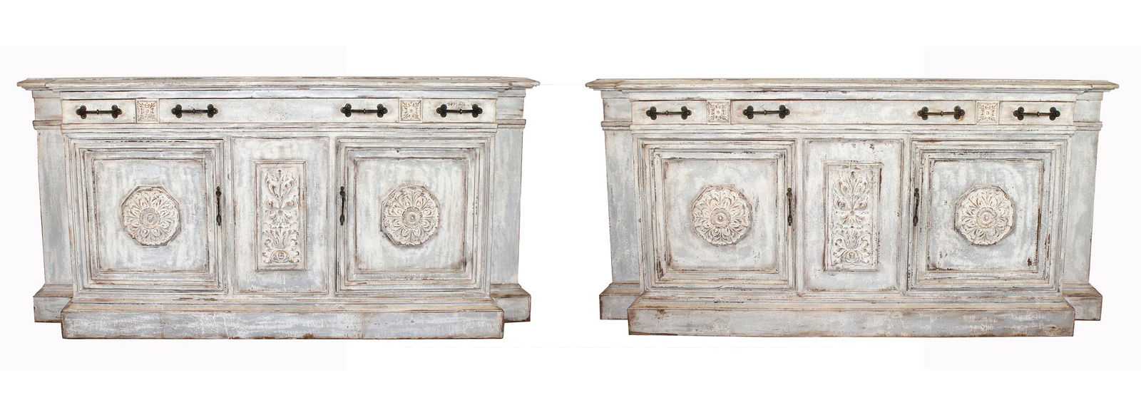 Pair of Italian sideboards in painted finish with floral carvings and iron pulls (1 of 12)