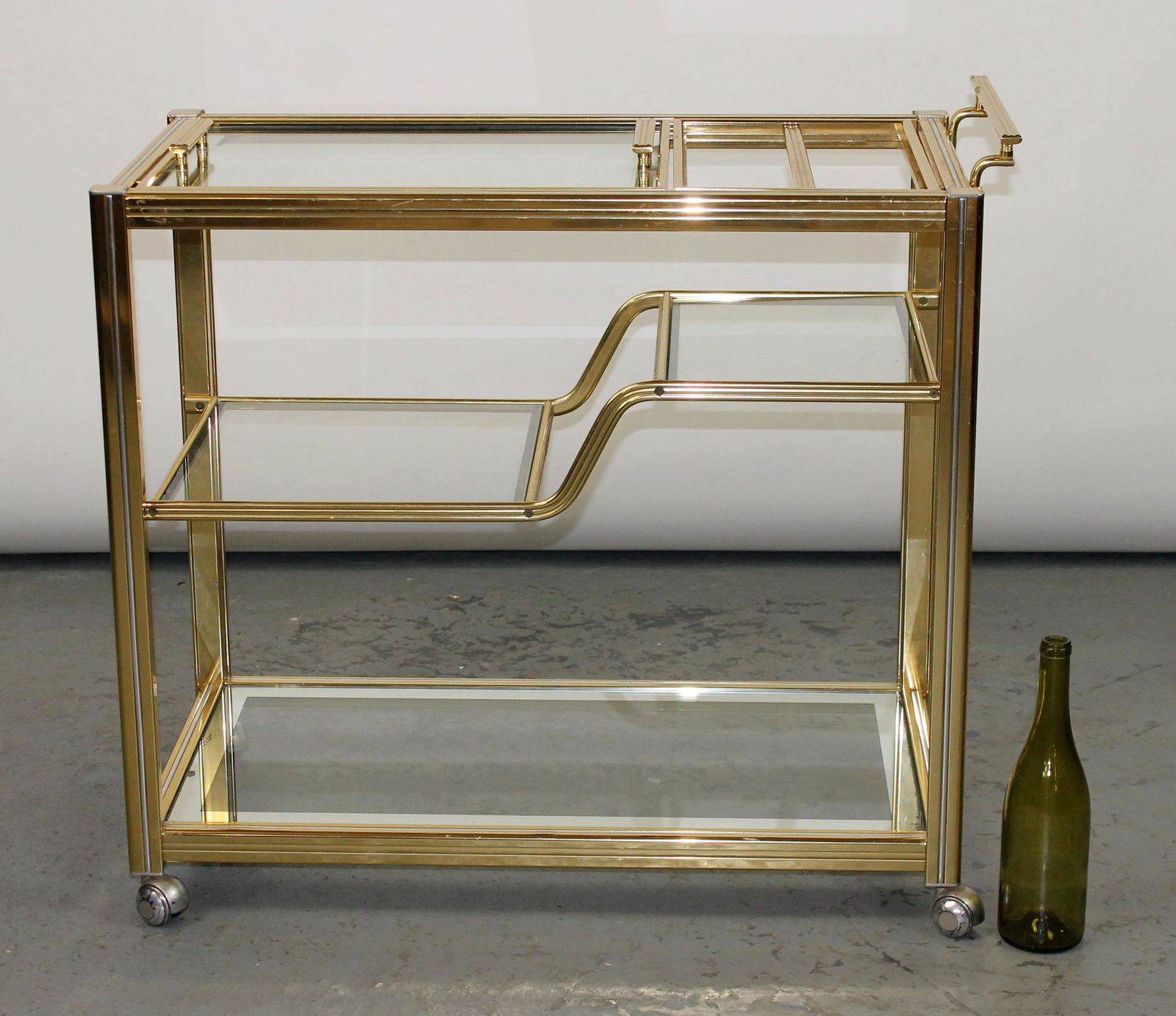 Vintage French brass and glass rolling bar cart (1 of 8)