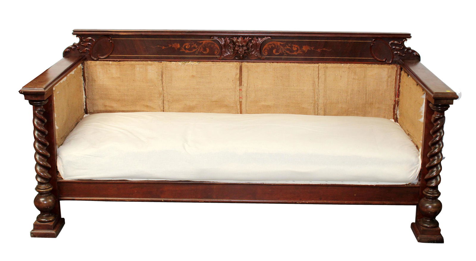 American carved and inlaid mahogany sofa with barley twist columns (1 of 12)