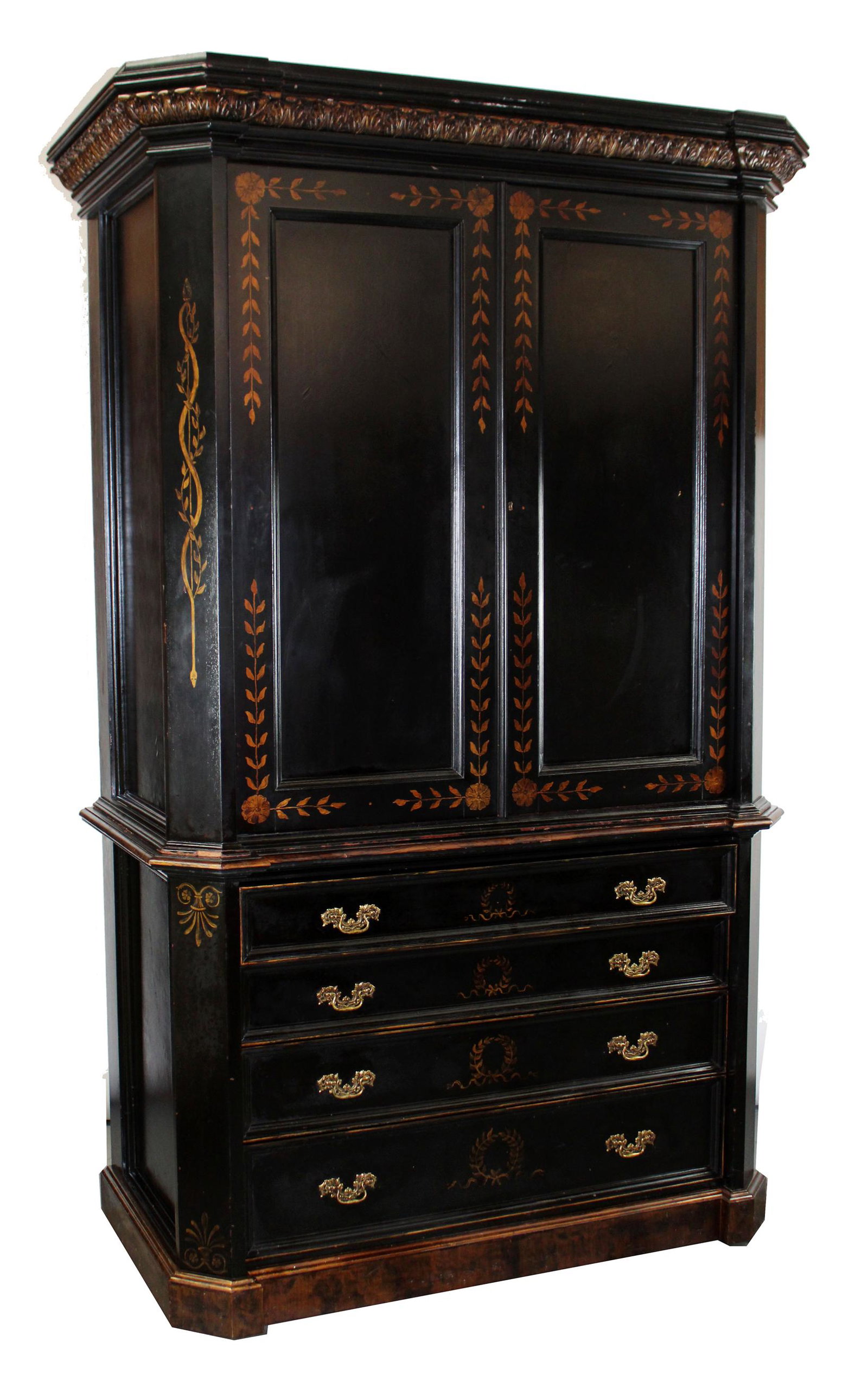 Ebonized Linen press chest by Patina: Ebonized Linen press chest by Patina (unmarked). 86 1/4"h x 54"w x 28 1/4"d
