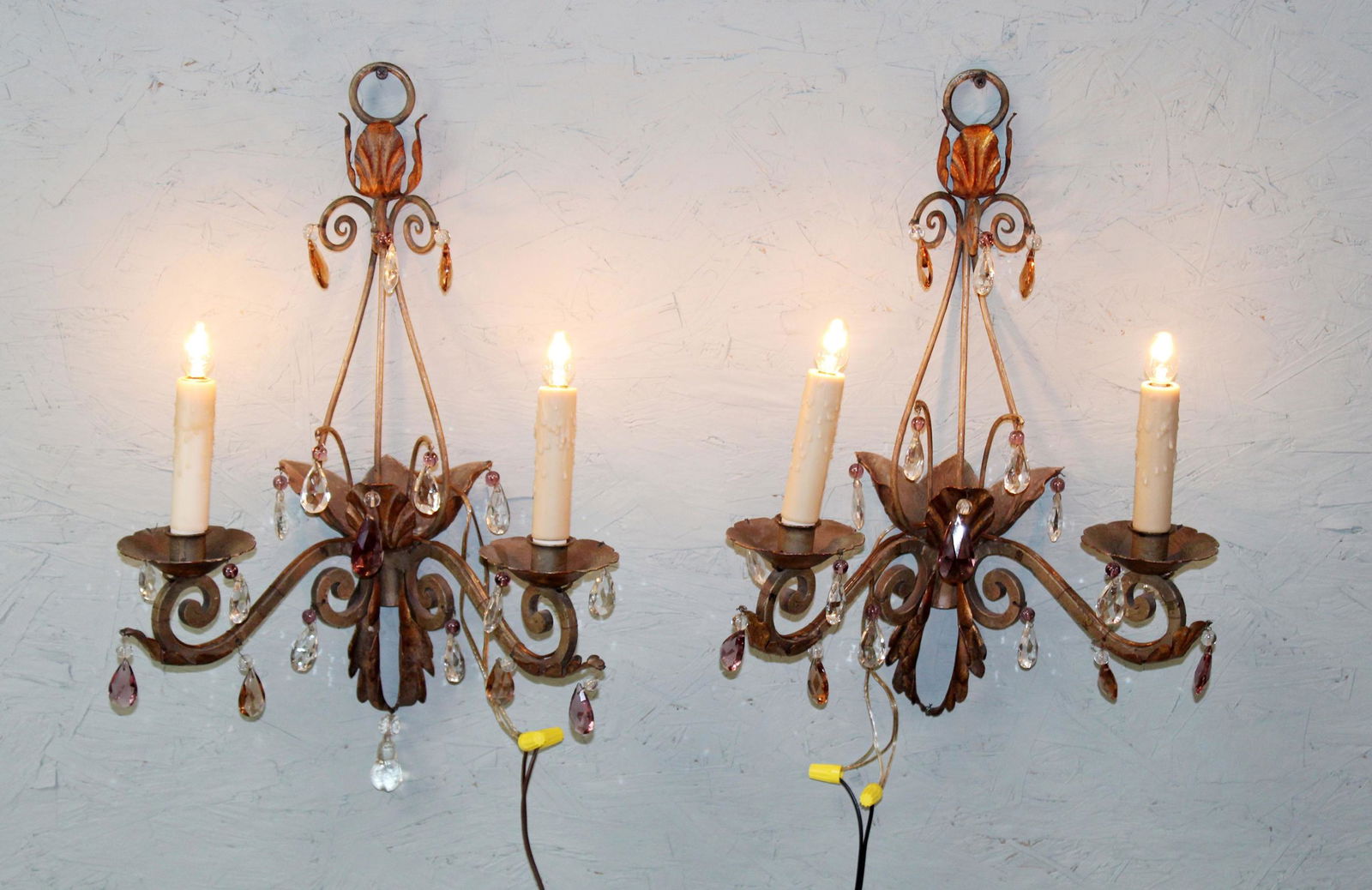Pair of French iron & crystal 2 light wall sconces (1 of 5)