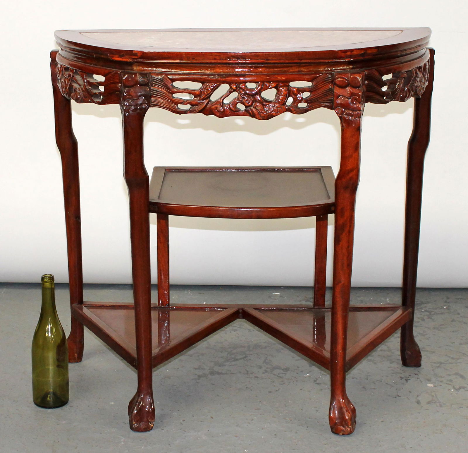 Chinese mahogany marble top demi lune console (1 of 6)