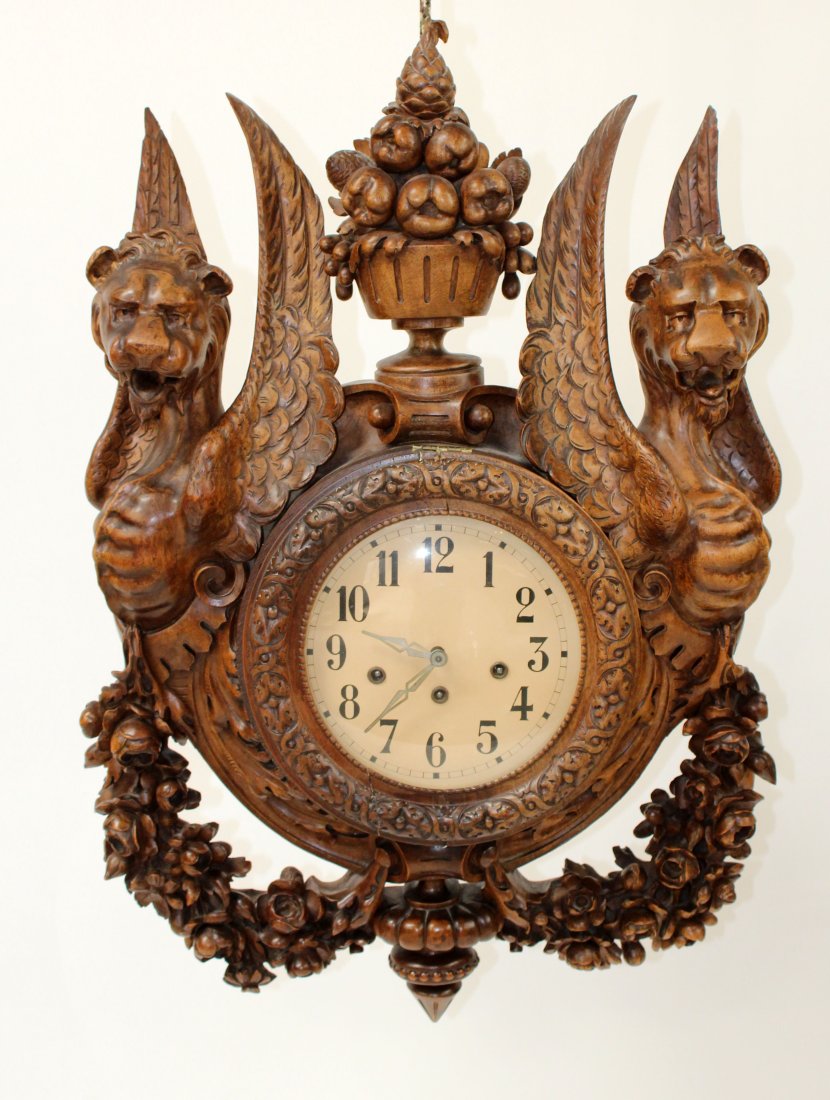 French Renaissance carved walnut wall clock with figural winged griffins (1 of 8)