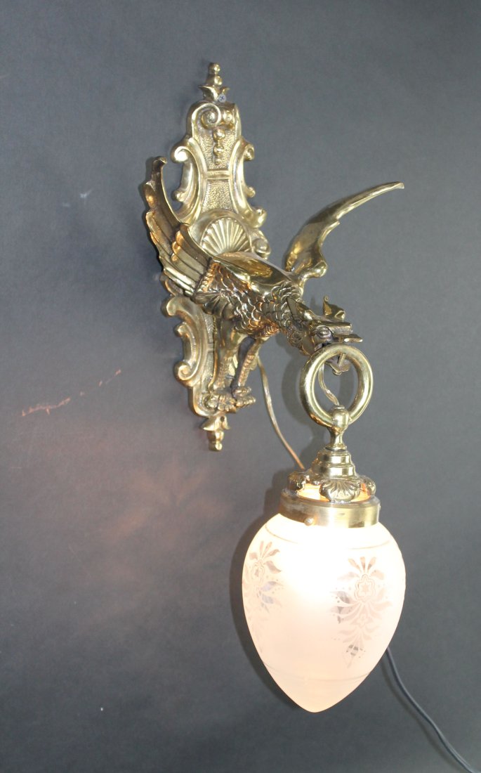 Bronze griffin wall sconce with etched glass shade (1 of 7)