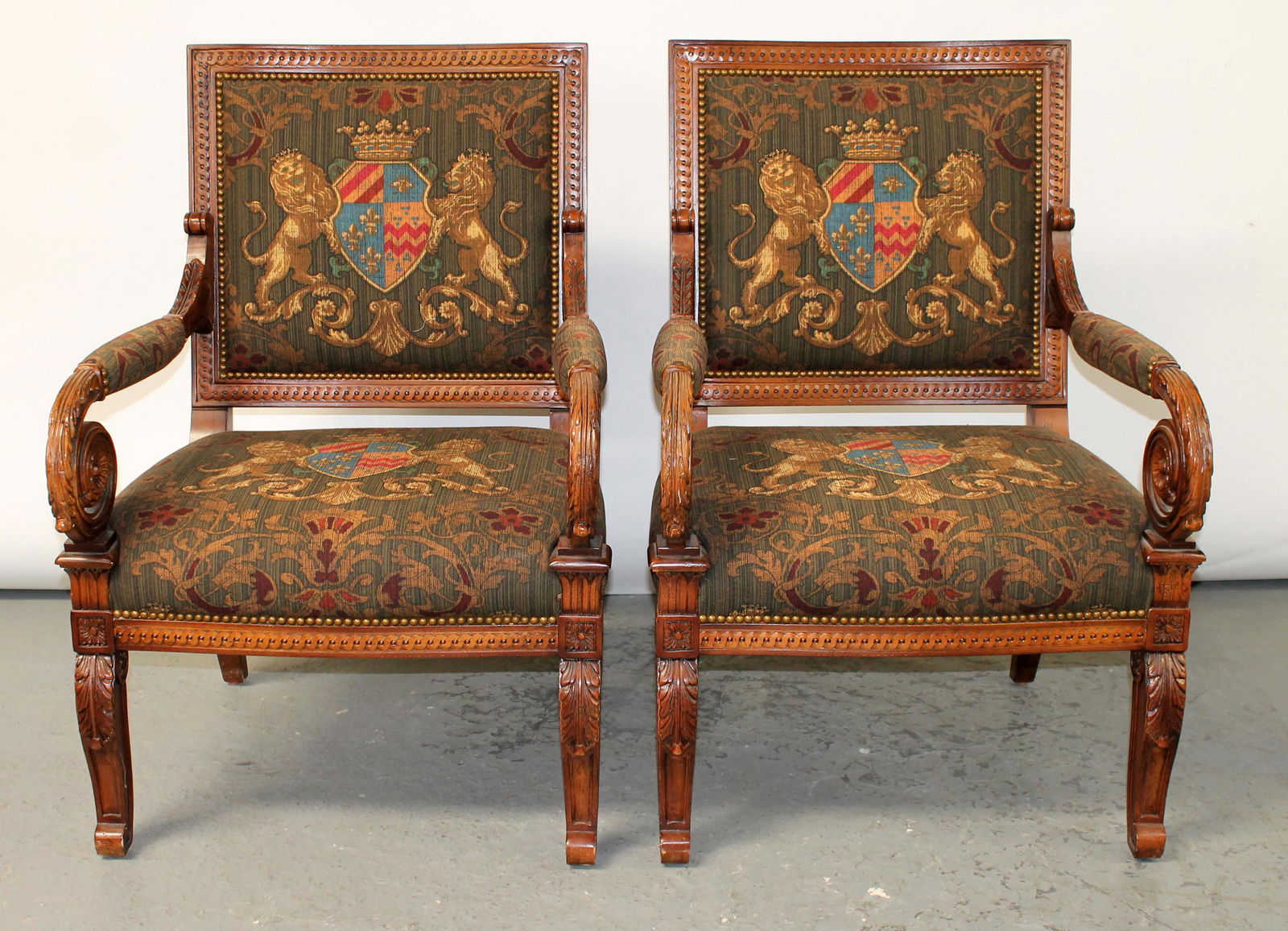 Pair of Sherrill armchairs with lion crest upholstery (1 of 8)