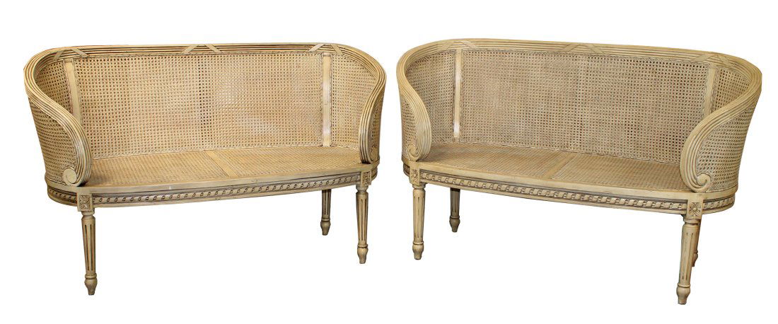 Pair Louis XVI style curved painted & cane settees: Pair of Louis XVI style curved, painted and cane settees. 38"h x 60 1/2"w x 25 1/2"d each Seats are 18 1/4"h
