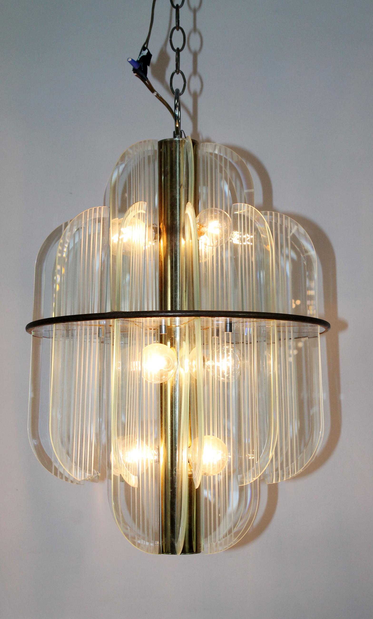 Lightolier Art Deco style brass and glass chandelier (1 of 8)