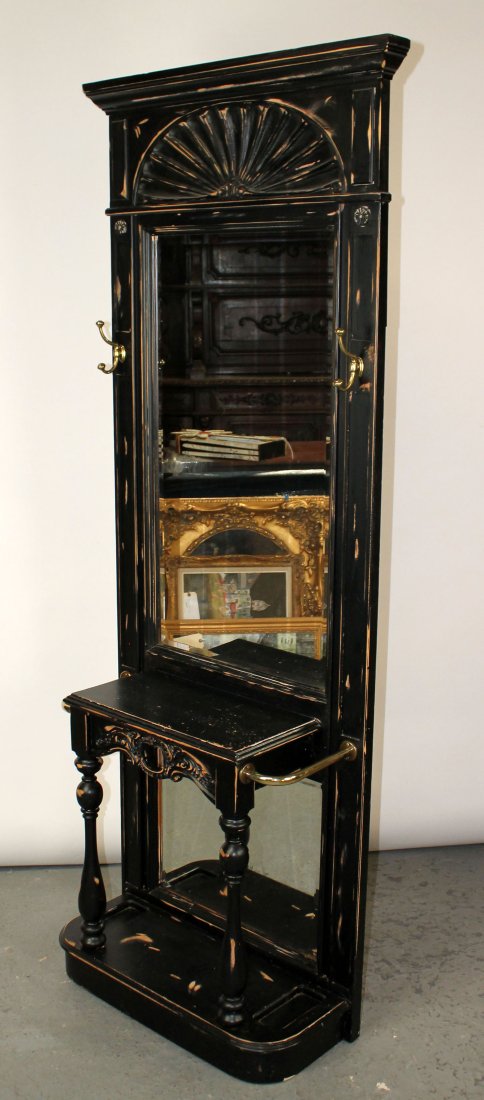 Pulaski hall tree with scallop shell carving & beveled mirror (1 of 7)