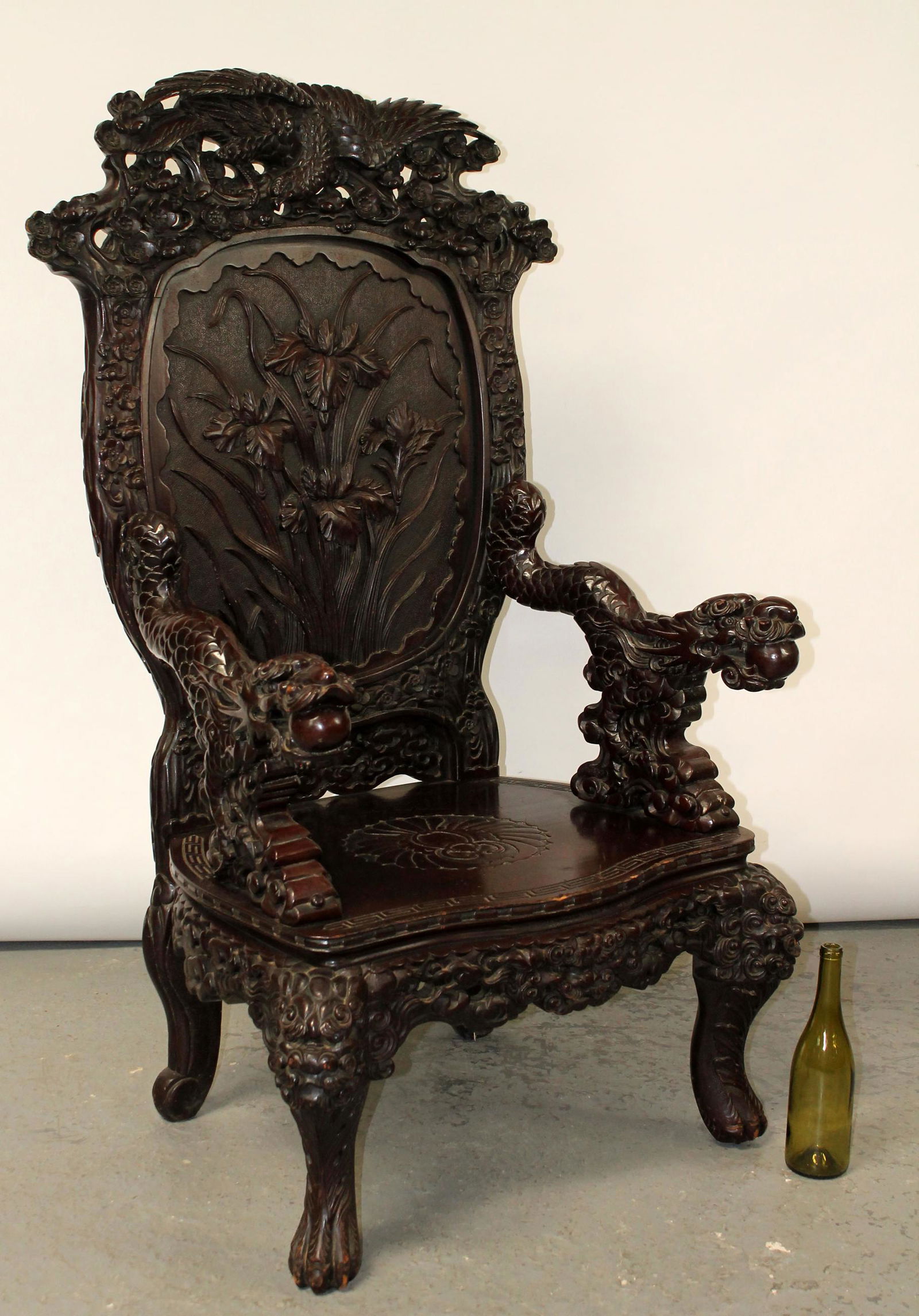 Japanese relief carved arm chair with dragons and phoenix (1 of 12)