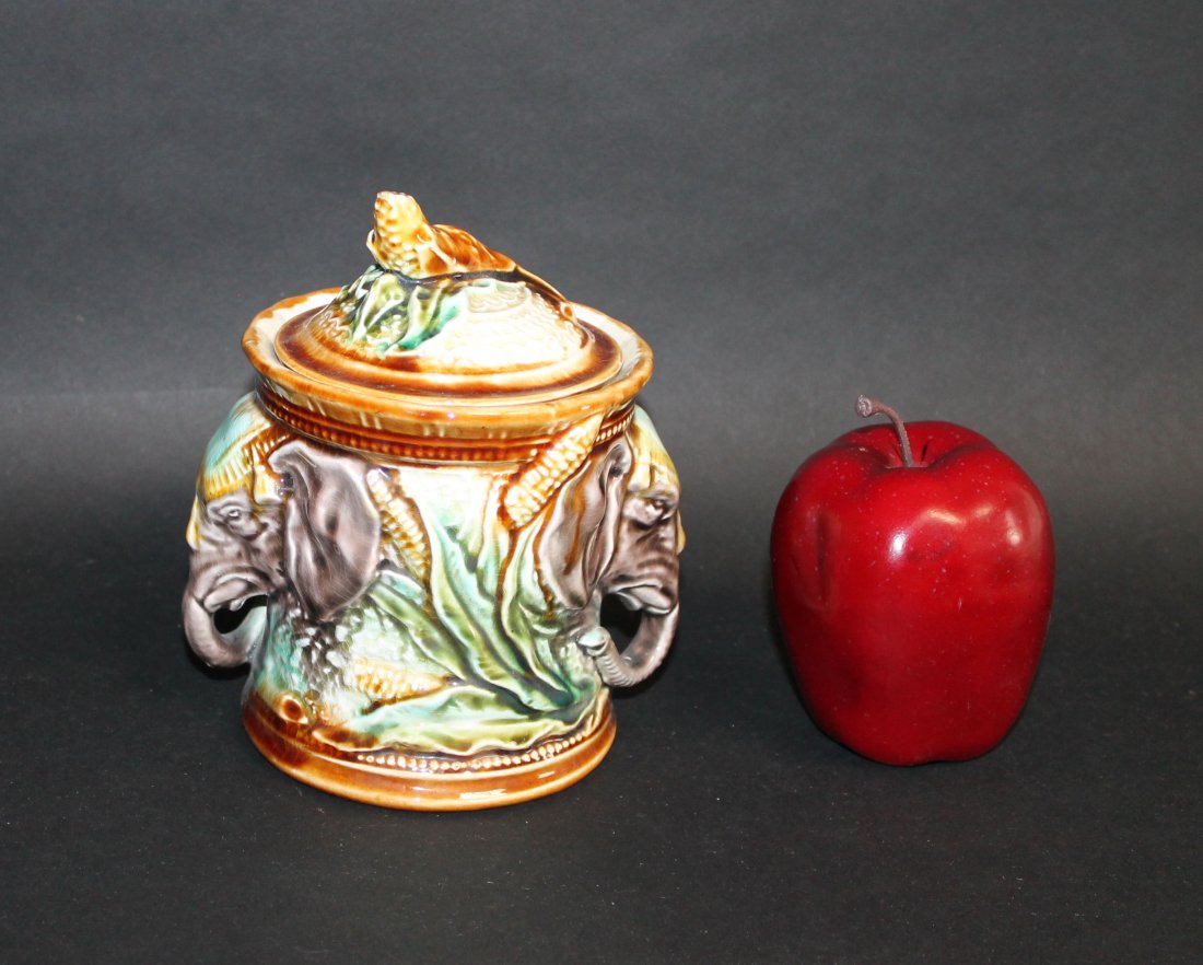 French Majolica lidded tobacco jar: French Majolica lidded tobacco jar. Early 20th century. 6"h x 5 1/2"w