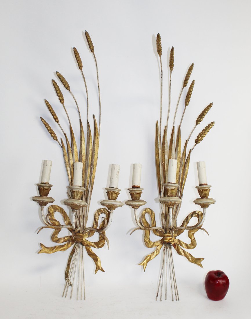 Pair of Italian gilt metal wheat back 3-arm sconces w/ ribbon (1 of 8)