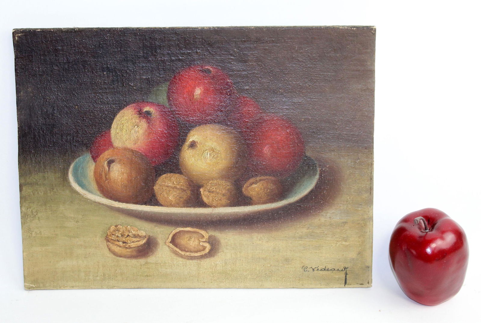 Oil on canvas on board - still life with apples signed C. Videau (1 of 10)
