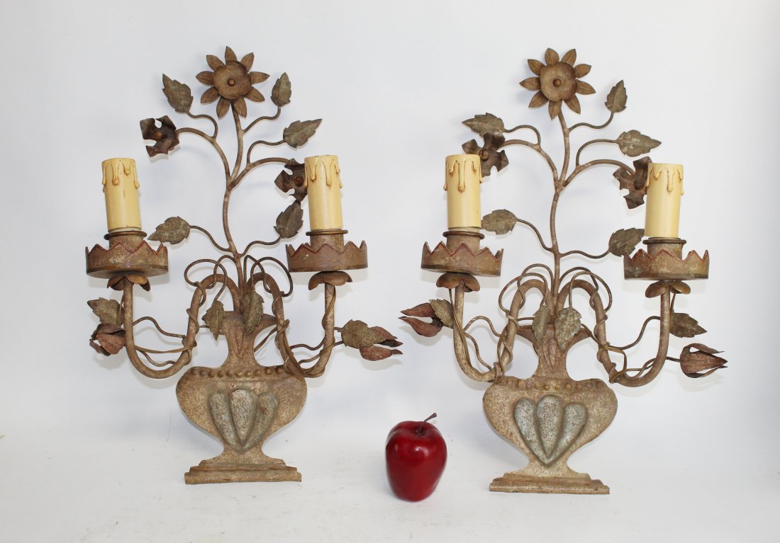 Pair of Italian metal urn form 2-arm sconces w/flowers (1 of 10)