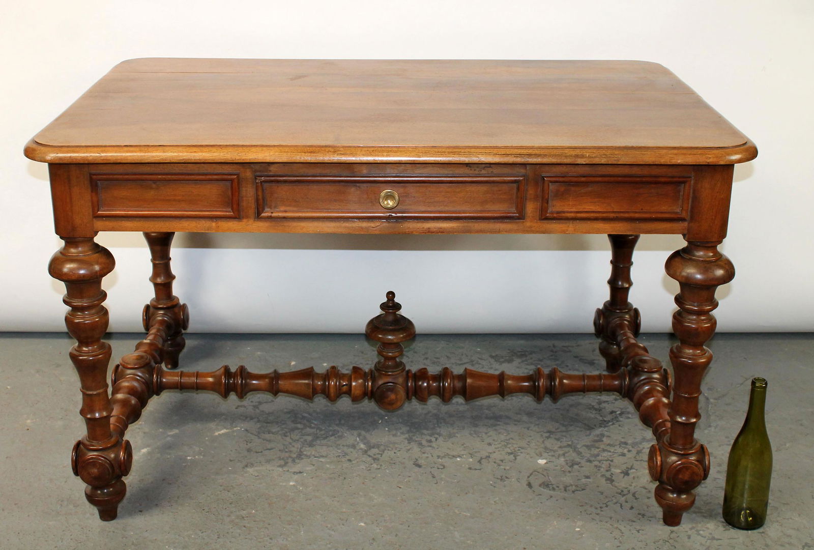 French bureau plat desk in walnut single drawer On turned legs with cross stretcher with urn finial (1 of 10)