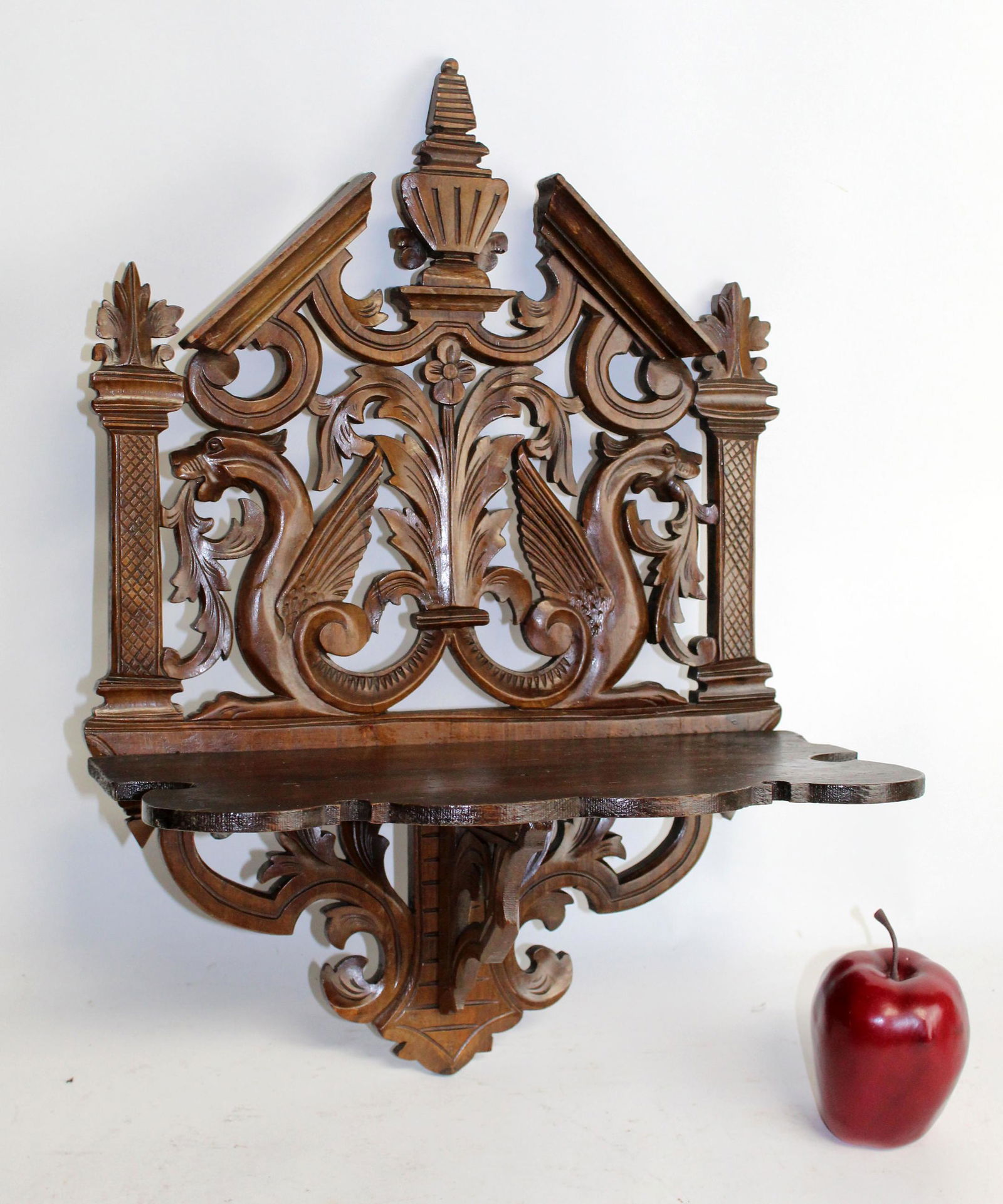 French pierce carved wall shelf in walnut with mythological dragons (1 of 8)