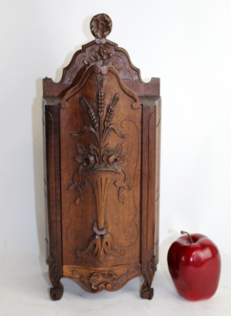 French walnut fariniere (flour box) with carved flowering urn (1 of 7)