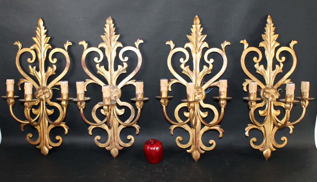 Lot of four 3 arm French Rococo style gilt metal wall sconces (1 of 8)