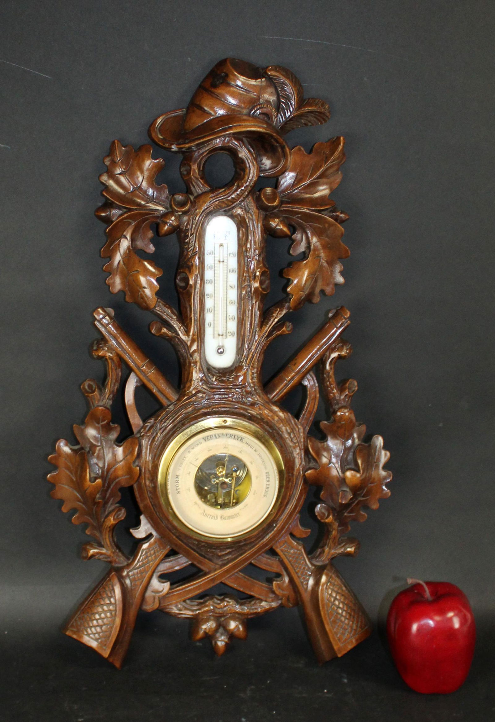 French carved walnut barometer with crossed rifles (1 of 6)
