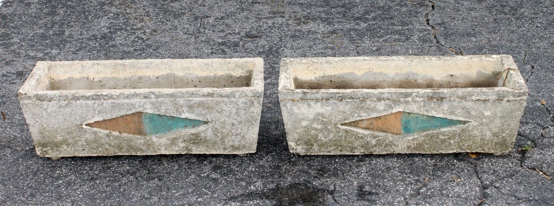 (2) French mid century trough planters with diamonds: Lot of 2 French rectangular trough planters with diamond. In concrete. Mid 20tn century. 8"h x 25"w x 9 1/2"d