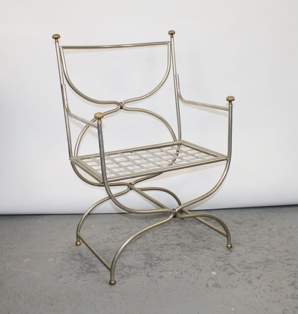 French Maison Jansen style stainless curule chair with brass finials (1 of 9)