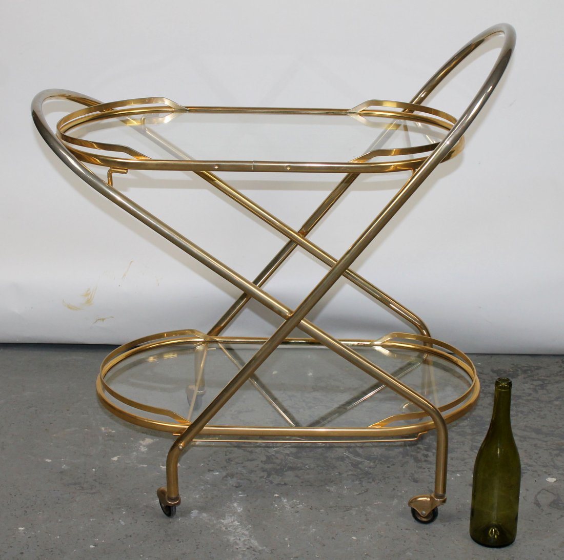 Italian mid century folding brass & glass bar cart: Italian mid century folding brass & glass bar cart. 33"h x 33"w x 16"d