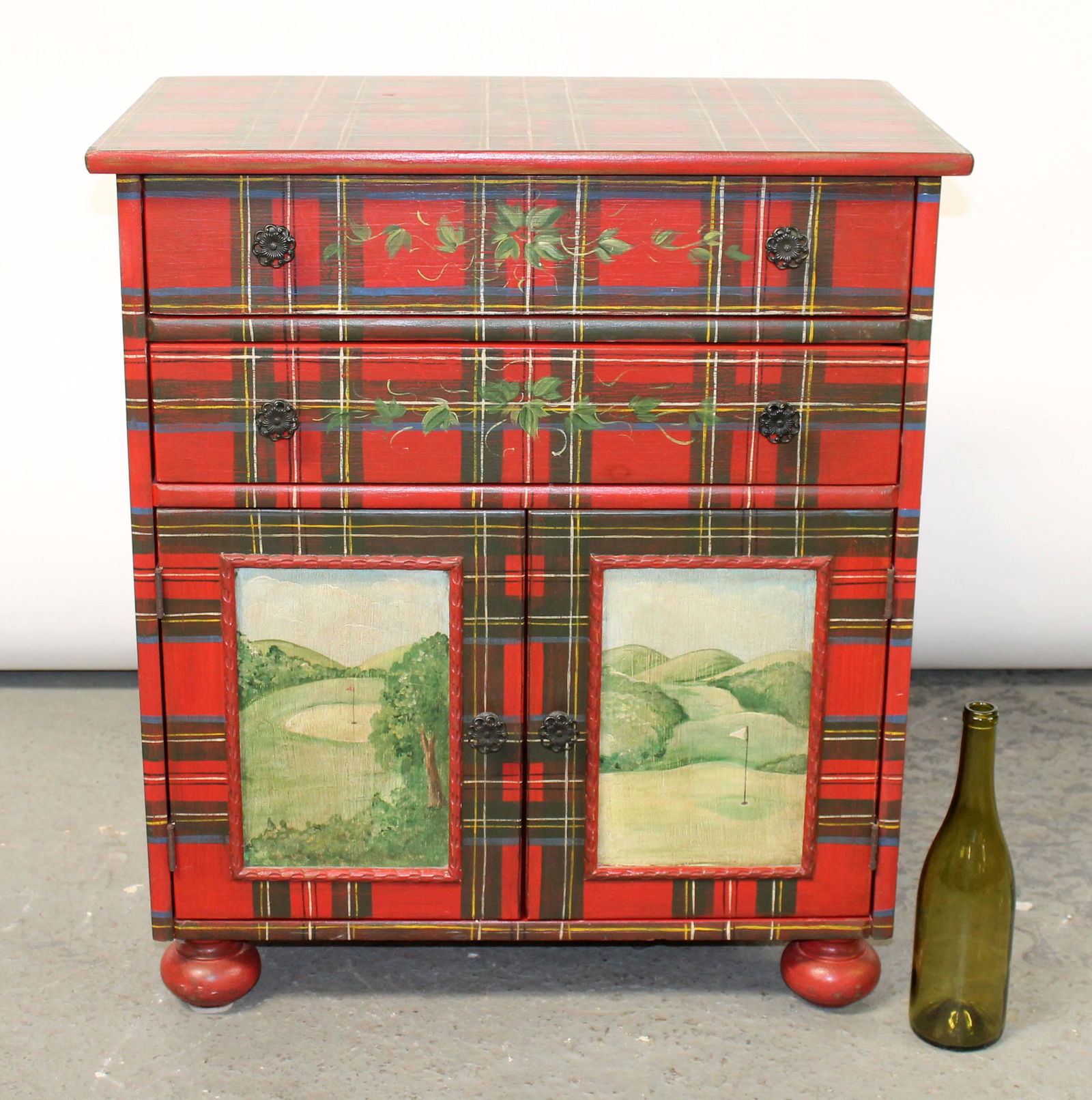 Handpainted cabinet in red tartan plaid with golf motif (1 of 8)