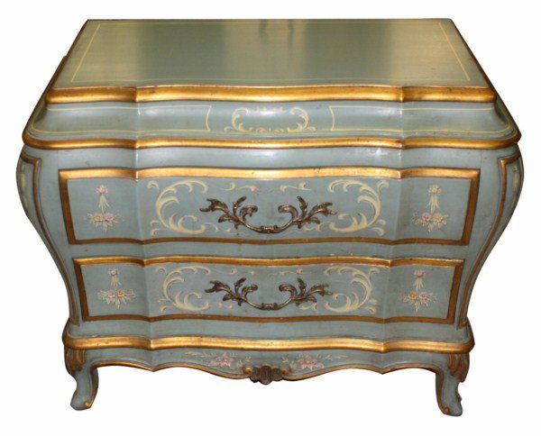 Pr of Painted pot belly 3-drawer nightstands by Kar: 29"w x 26"h x 17"d