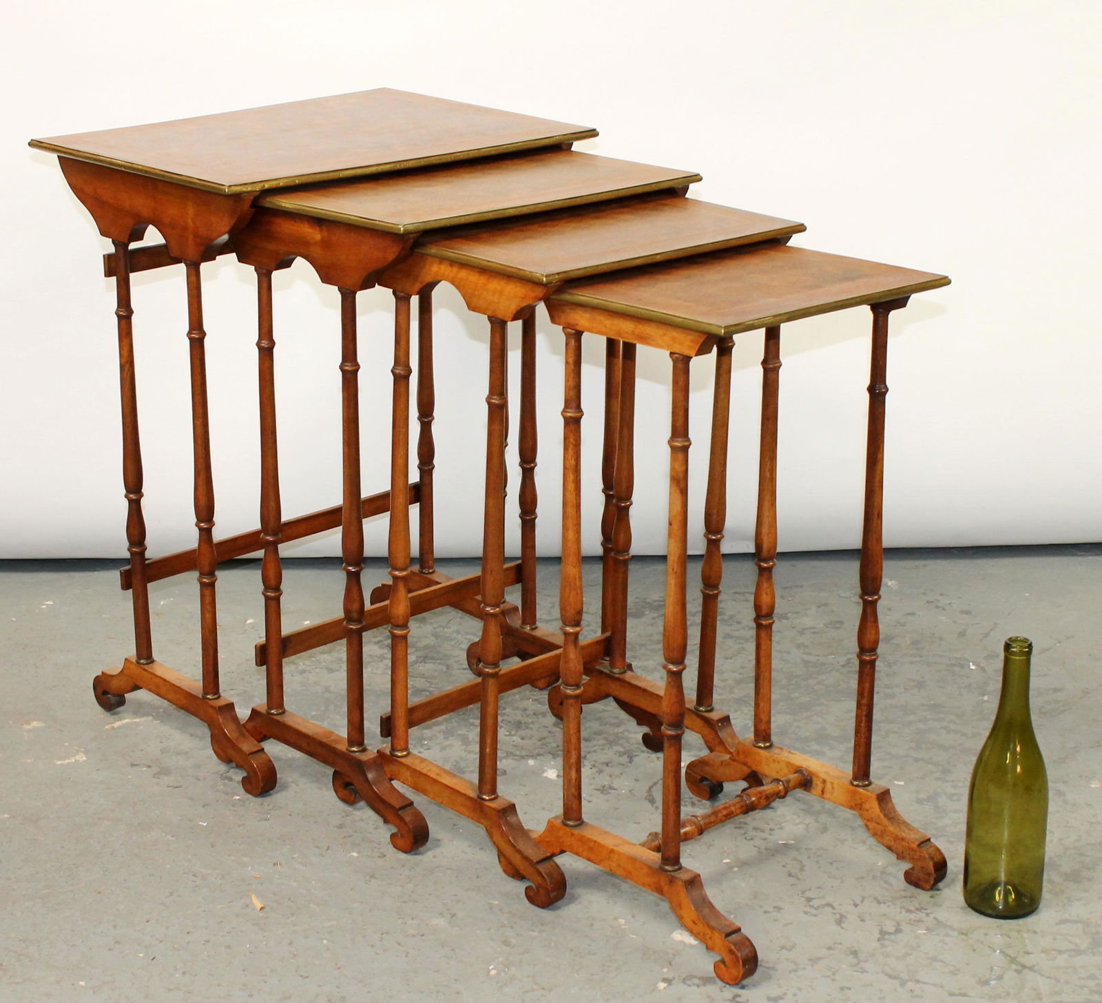 Set of 4 French nesting tables with parquet top and brass trim (1 of 12)