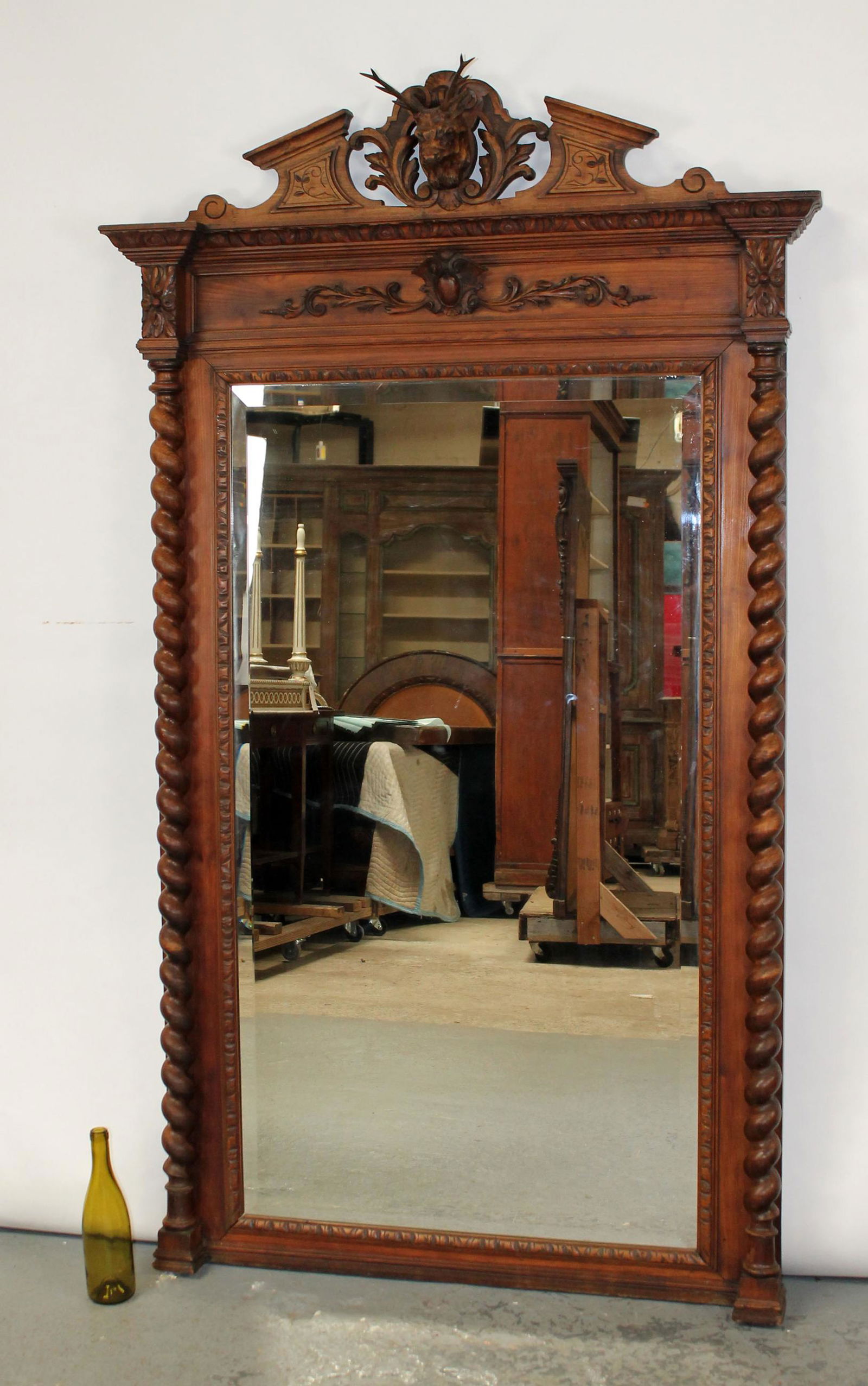 French carved walnut mirror with barley twist columns and deer head (1 of 8)