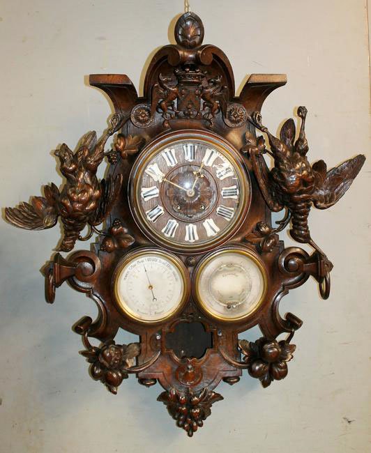 Rare French clock and barometer with coat of arms and carved game (1 of 17)