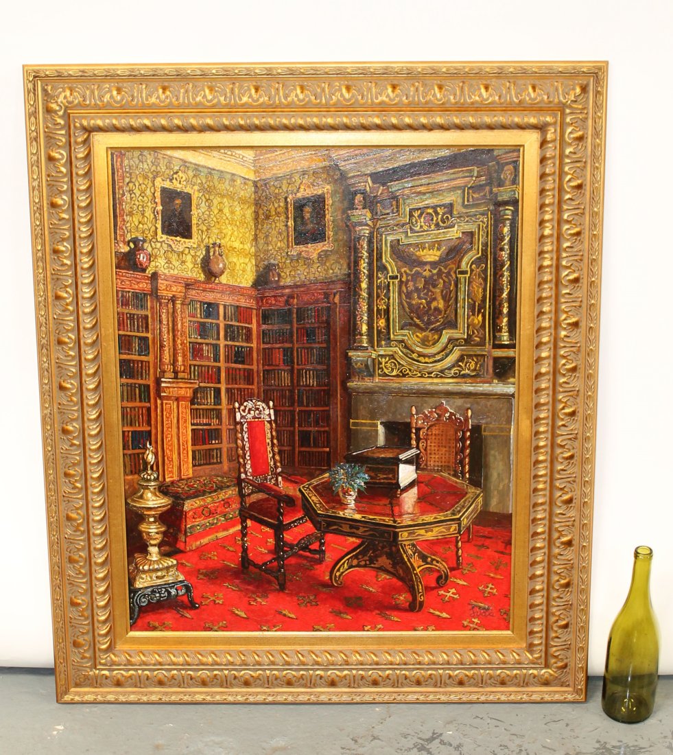 Oil on canvas library scene signed l/r Lveta (1 of 8)