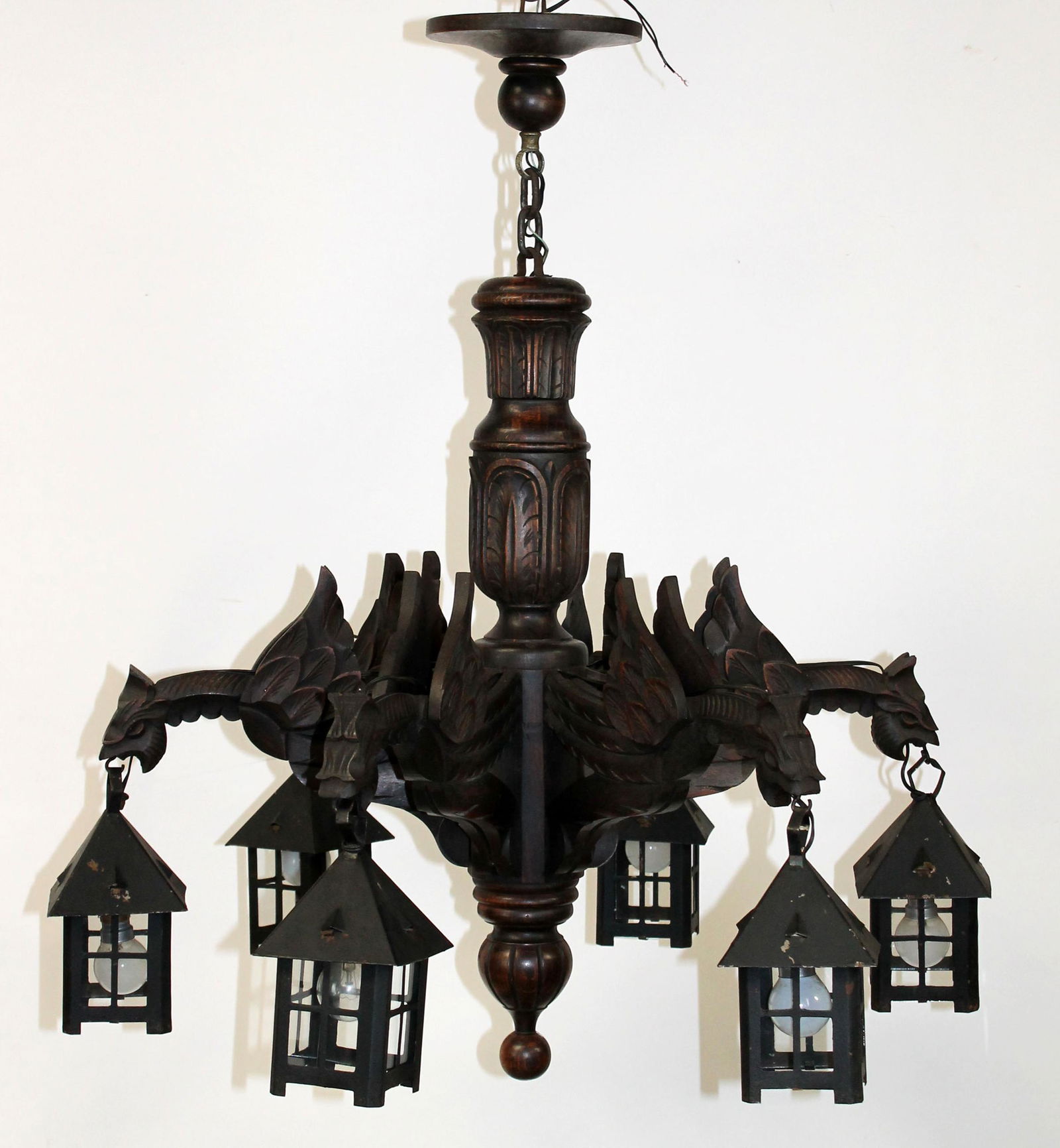 Gothic Revival 6-arm carved oak chandelier with griffins holding lanterns (1 of 8)