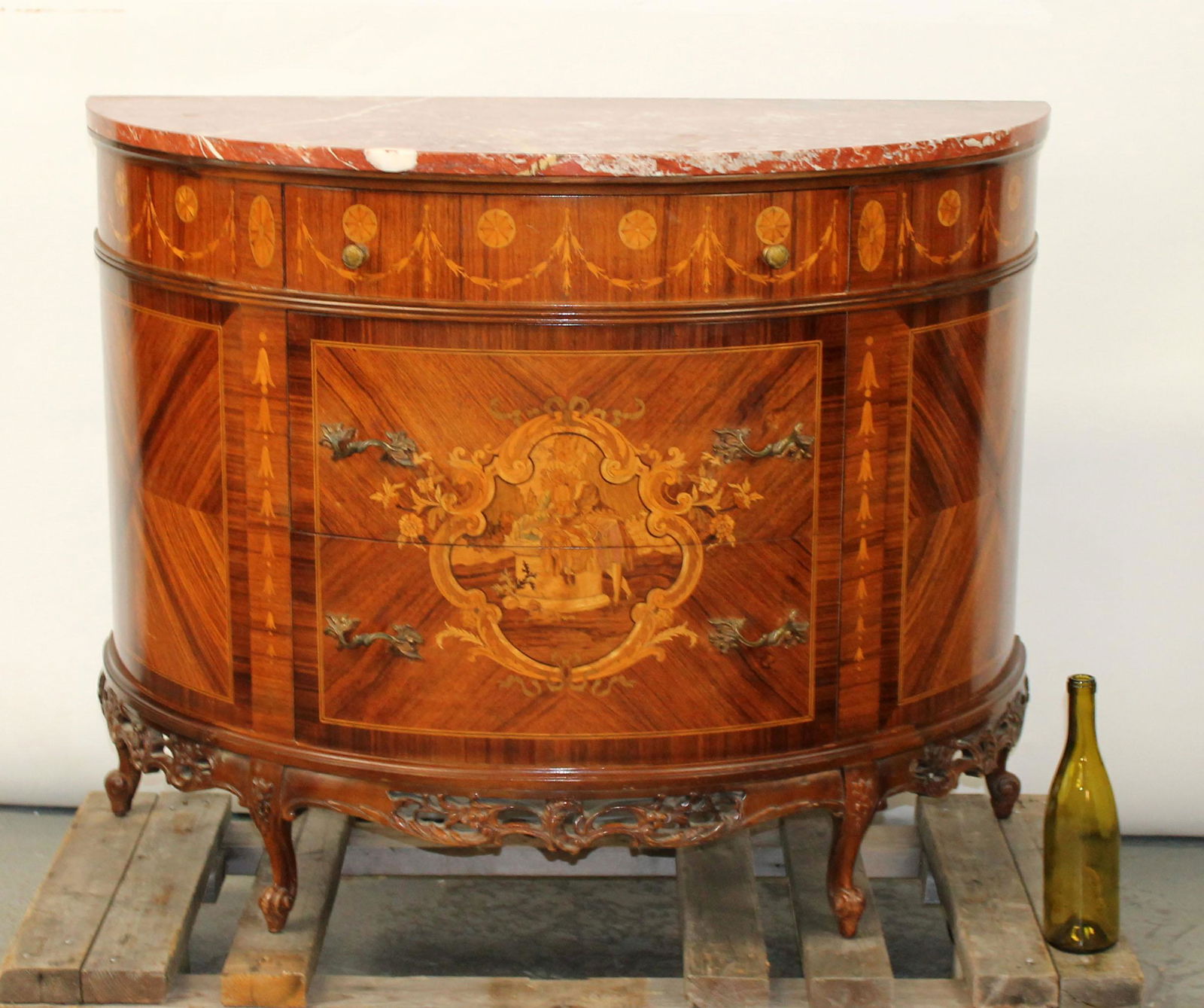 American inlaid demi-lune 3 drawer commode with marble (1 of 13)