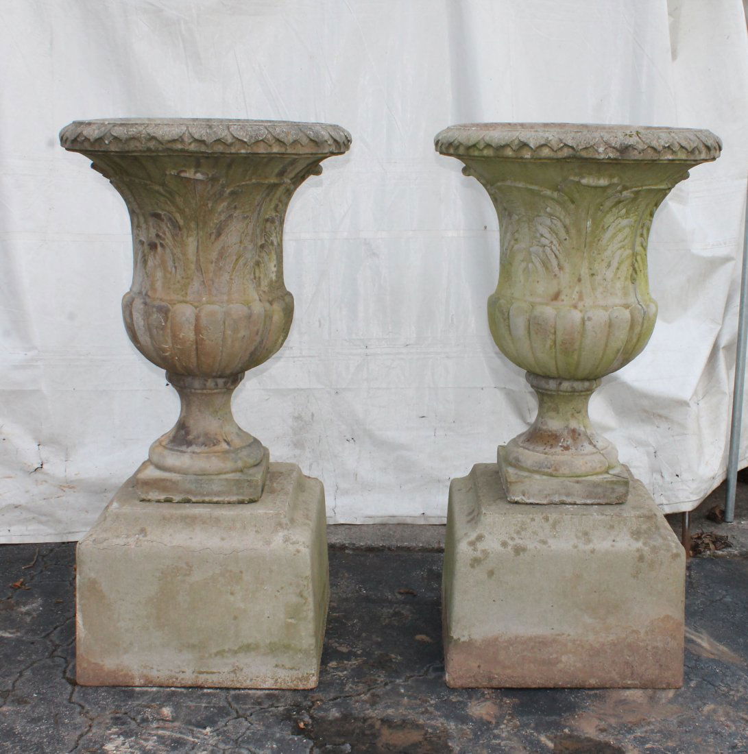 Pair cast concrete garden urns on pedestals (1 of 9)