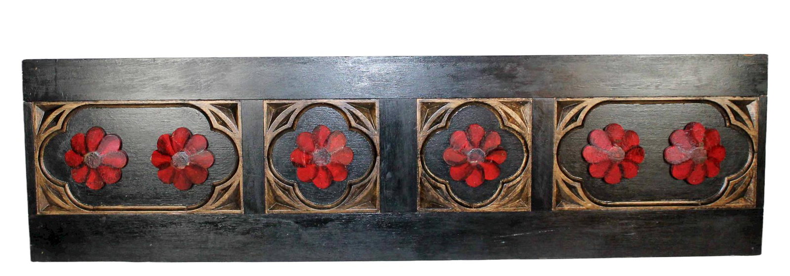 Carved and painted pub panel with quatrefoil and rosettes: Carved and painted pub panel with quatrefoil and rosettes. From Olde Blind Dog Irish Pub, Atlanta, GA. 17 3/8"h x 60 1/2"l