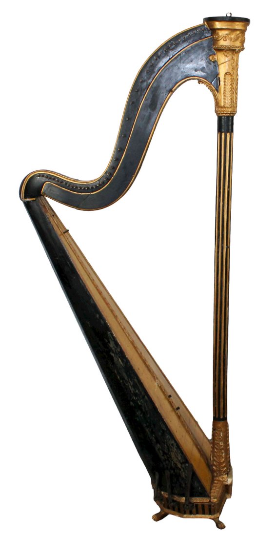 French Empire style black & gold harp frame: French Empire style black & gold harp frame. Used as pub decor in Olde Blind Dog Irish Pub, Atlanta, GA. Late 19th century. 68 1/4"h x 27 3/8"w