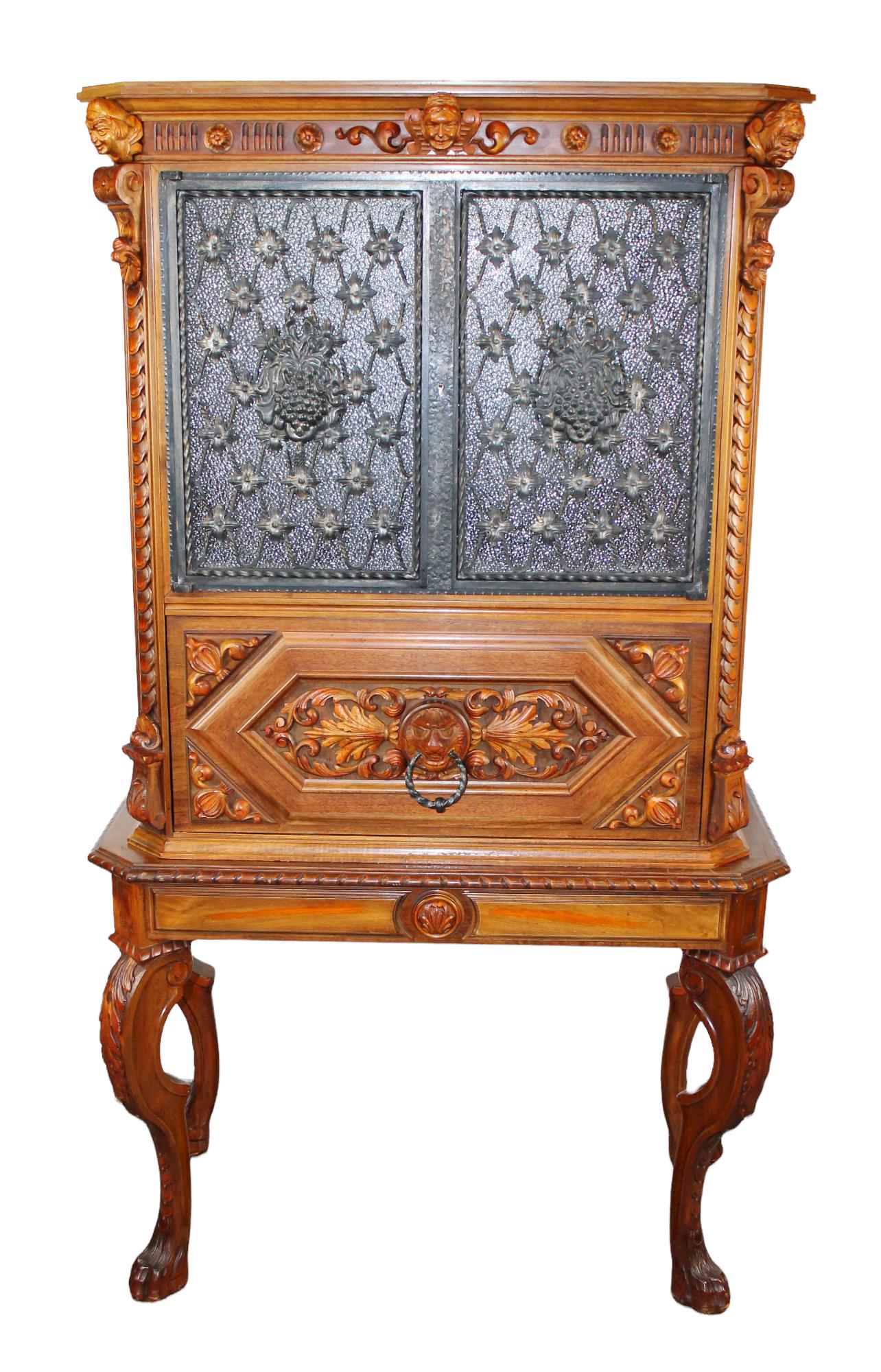 French carved walnut bar cabinet with wrought iron doors (1 of 12)