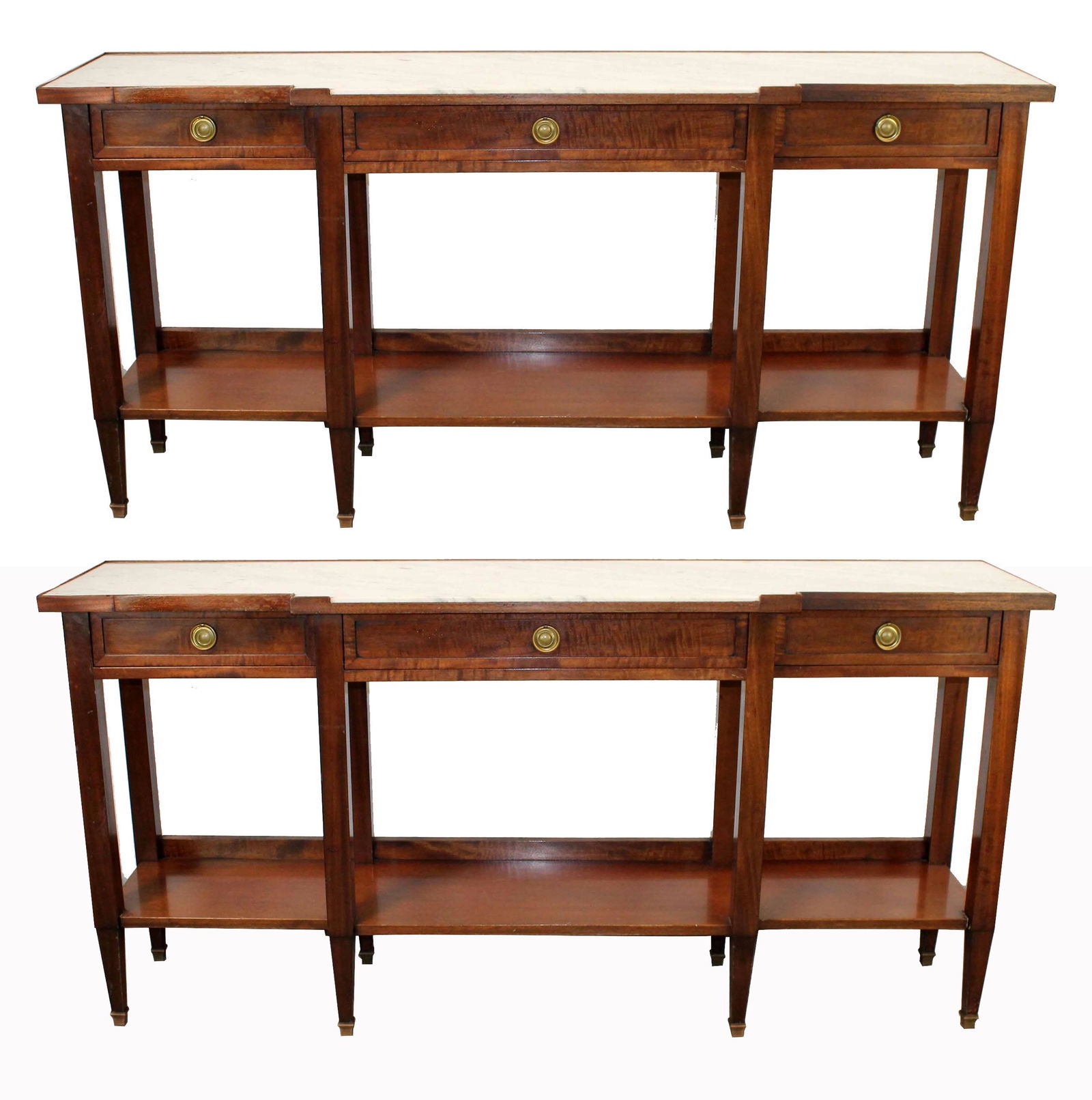 Pair French Louis XVI slim consoles in mahogany: Pair French Louis XVI slim console tables in mahogany with marble tops. 31 1/2"h x 64 1/4"l x 14 3/8"d (center portion 15 3/8"d)