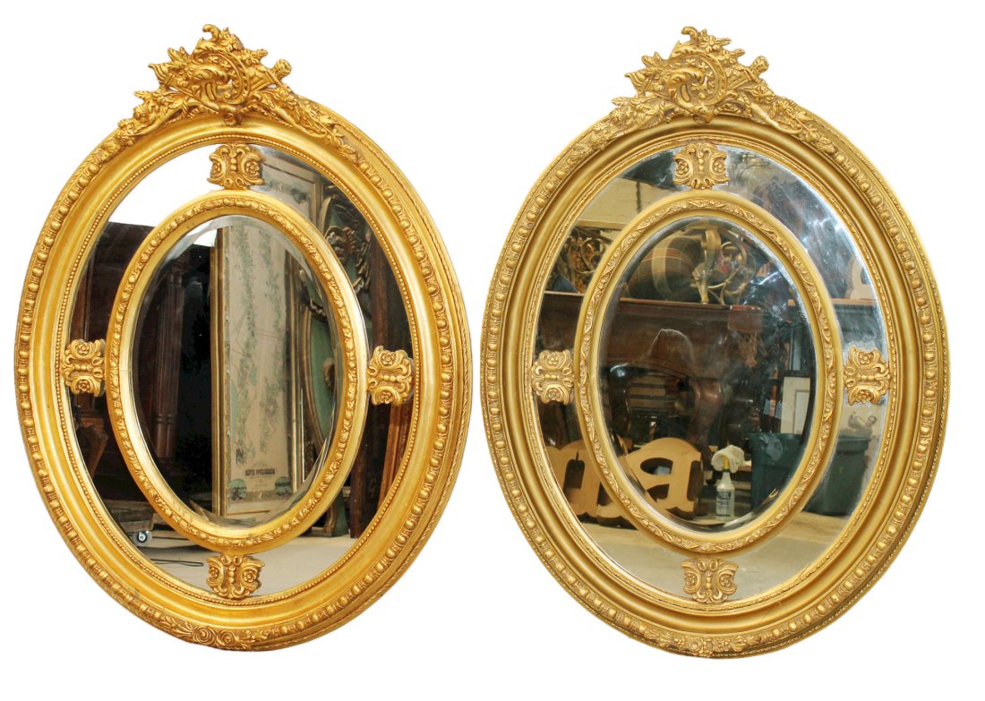Pair Louis XVI style gilt oval mirrors (1 of 8)
