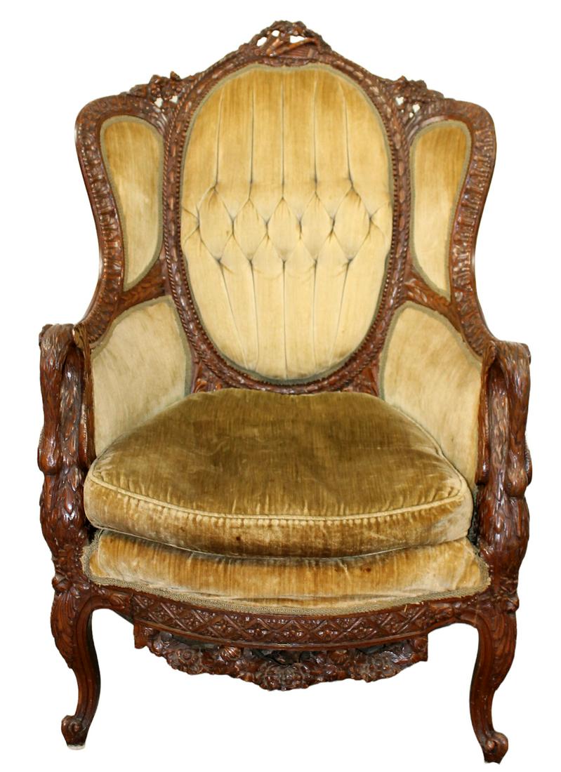 Victorian curved back music room armchair in walnut with carved swan arms (1 of 17)