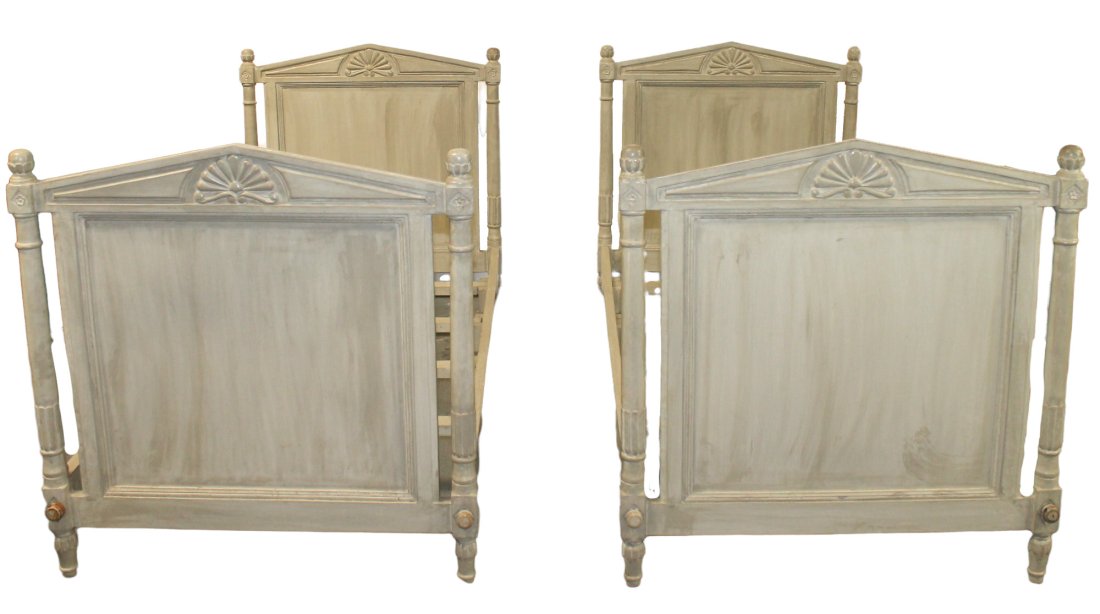 Pair French Directoire style painted peak top twin beds (1 of 12)