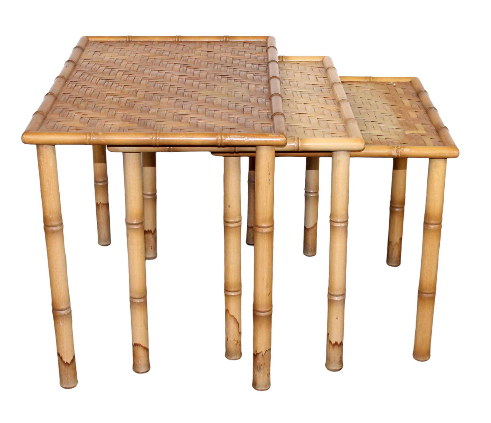 Nest of 3 vintage faux bamboo side tables with woven tops (1 of 10)