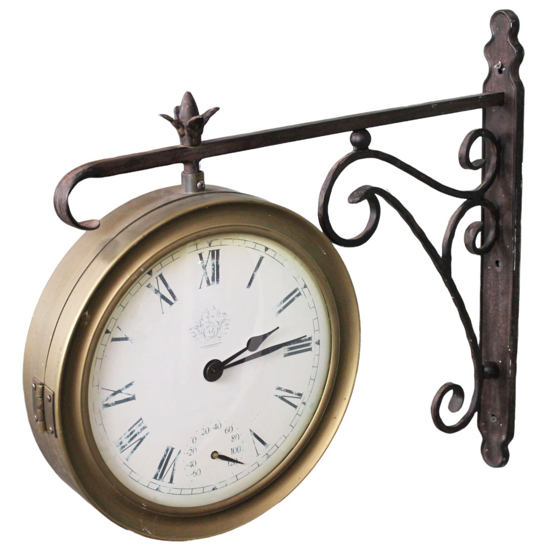 Wall clock and thermometer on iron bracket: Wall clock and thermometer on iron bracket. 24 1/2"h x 26 1/2"d