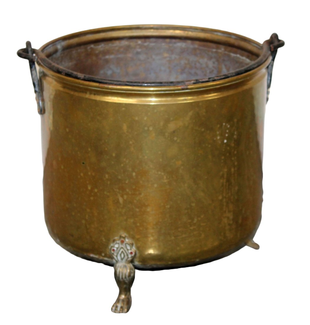 Hammered brass footed cache pot with iron handle (1 of 8)