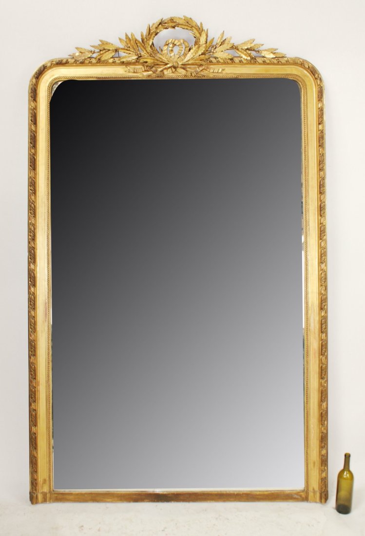 French Louis XVI gold leaf mirror with ribbon and laurel leaf wreath (1 of 7)