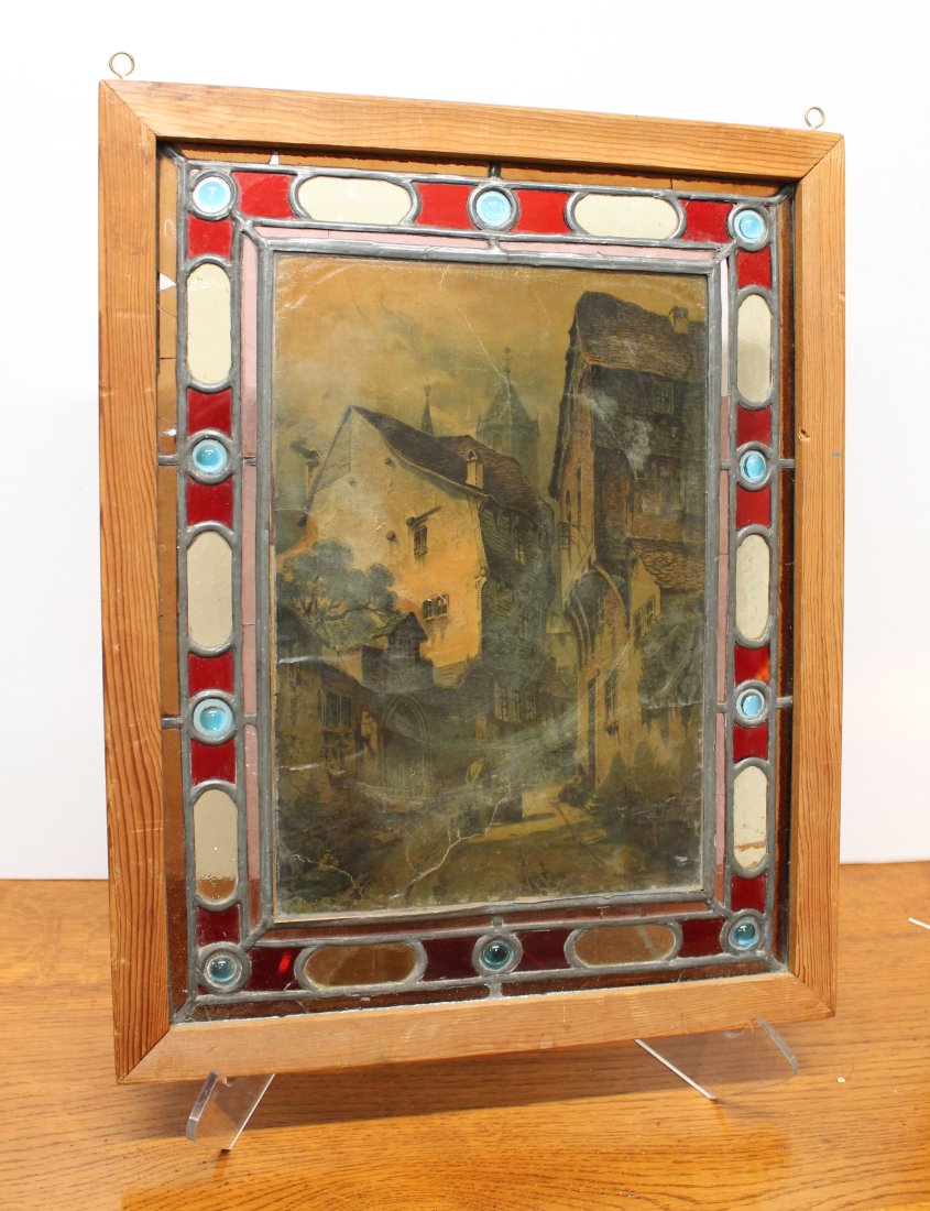 Antique village scene print under glass with stained glass frame (1 of 16)