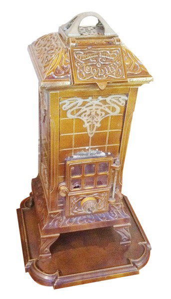 Art Nouveau enameled cast iron & tile coal stove: 35.5"h. French.