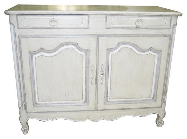 French 19th century painted 2 door buffet bas: 40"h x 51"w x 22"d. **Buffet is painted a darker cream overall with white and light blue trim.**