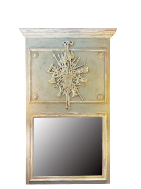 French painted trumeau mirror with: hunt motif cornucopia. 78"h x 43.75"w