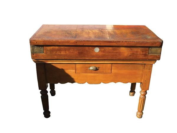 French butcher's block on Provincial base: 47.25"l x 36.5"h x 25"w